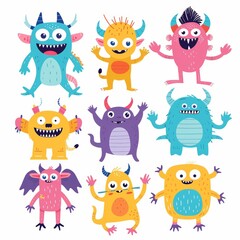Fototapeta premium This is a cute monster set. Happy Halloween. Colorful silhouette monsters. Different faces. Eyes, teeth, horns, hands. Kawaii cartoon funny boo character. Flat design. White background. Vector.