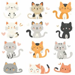 Set of cat icons. Cartoon cat sitting. Childish style. Flat design. White background Vector. Cute kitten sitting. Funny face head. Contour line doodle. Different emotions. Cartoon cat in kawaii