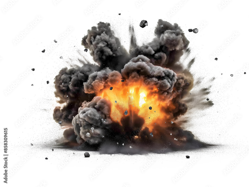 Poster an explosive fireball with smoke and debris on a white background, captured in a dynamic, realistic 