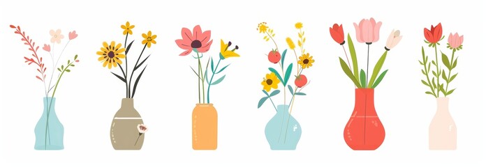 Flower in vase set line. Transparent glass vases with blue water. Different flowers. Colorful icon collection. Daisy Tulip Gerbera. Ceramic Pottery decoration. White background flat design modern.