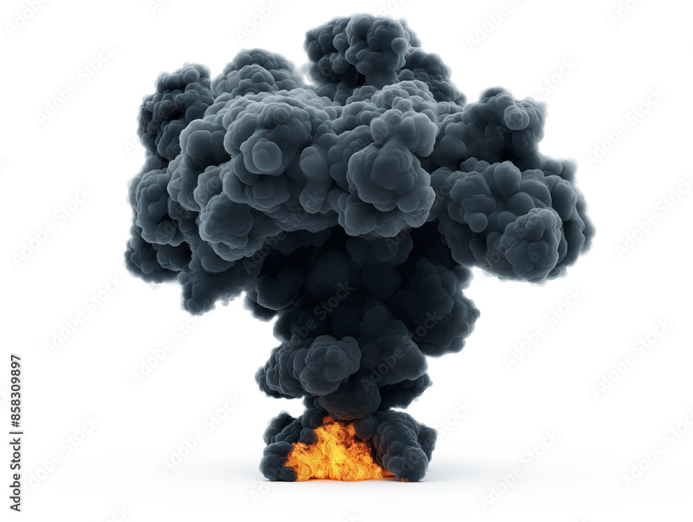 Poster a large, textured smoke cloud with a fiery base on a white background, concept of explosion. generat