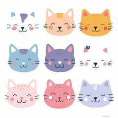 A list of cute kitten kitty characters. Cartoon kawaii funny character, doodle in contour lines. Different emotions, colors. Stickers. The design is flat and childish. White background. Modern
