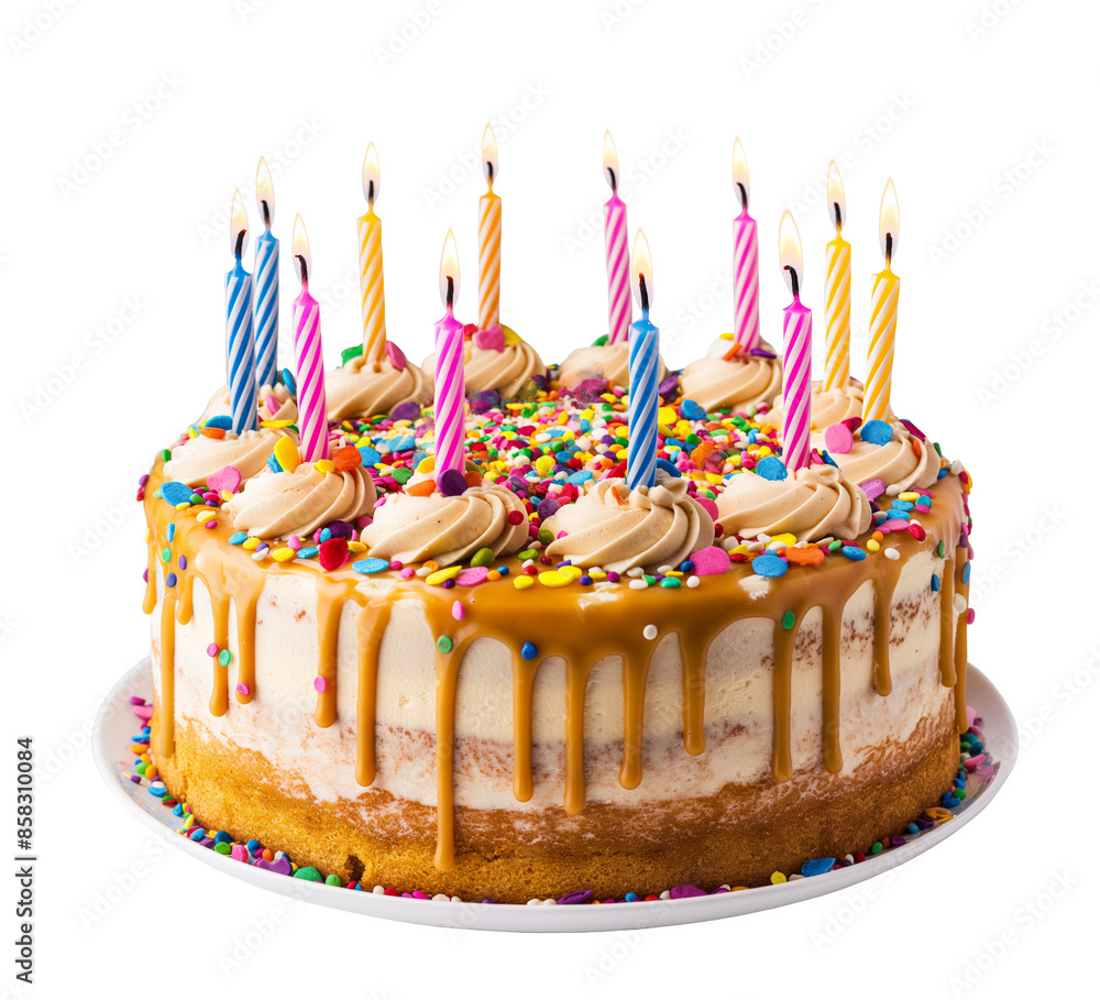 Poster a colorful birthday cake with candles on white background, isolated for clean layout design. generat