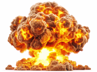 A detailed illustration of an explosion with intense orange and yellow hues, isolated on a white background, depicts the concept of power. Generative AI