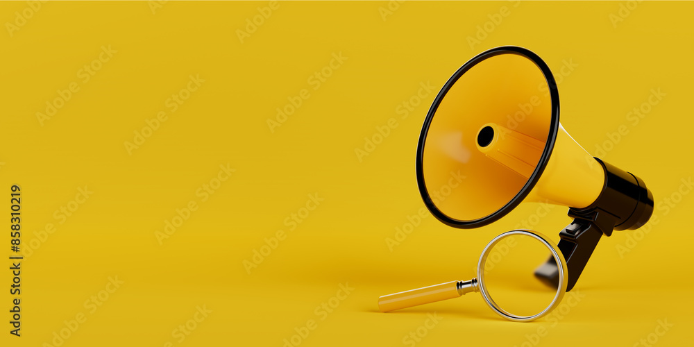 Poster retro megaphone with search magnifying glass loupe tool instrument. 3d rendering