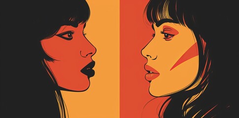 Featured image is a portrait of a brunette woman with long bangs hair set. Close-up of full-face character. Avatar icon for social networks. Funny cartoon face with red lips. Flat design. Yellow