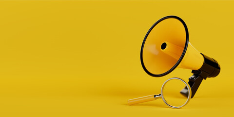 Retro Megaphone with Search Magnifying Glass Loupe Tool Instrument. 3d Rendering