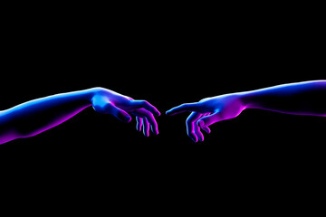 Hand to Hand. Abstract Imitation of Michelangelo's the Creation of Adam. God and Adam Hands in Neon...