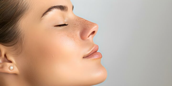 Woman's Face Closeup Revealing Skin Blemishes and Pearl Earring. Concept Skin Blemishes, Closeup Portrait, Pearl Earring, Woman's Face, Flawless Skin