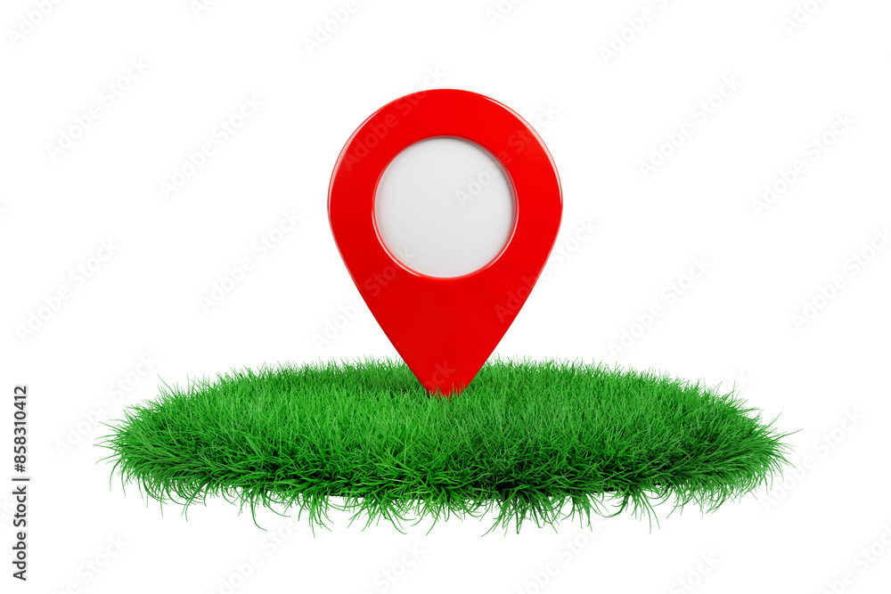 Poster red map pointer pin on a green grass podium stage. 3d rendering
