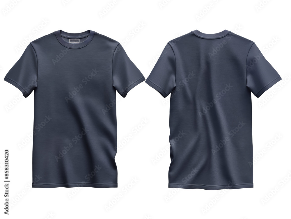 Poster two blank navy blue t-shirts, front and back views, isolated on a white background for branding mock
