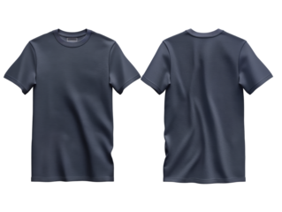 Two blank navy blue t-shirts, front and back views, isolated on a white background for branding mockups. Generative AI