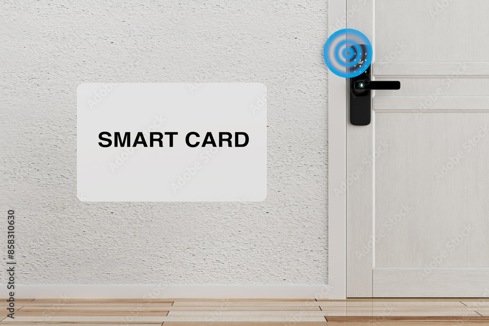 Poster inteligente biometric smart door lock with digital keypad and key smart card. 3d rendering