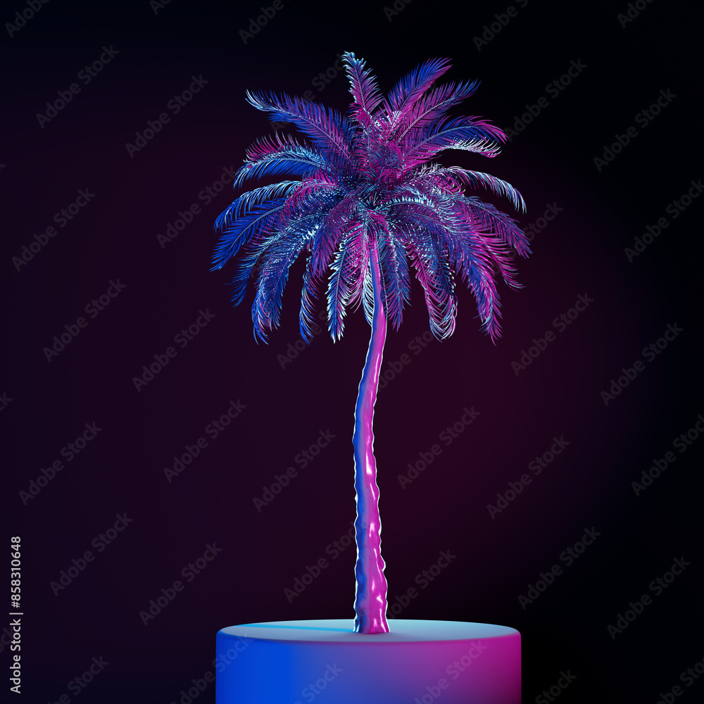 Poster abstract palm tree on a pedestal in neon light. 3d rendering