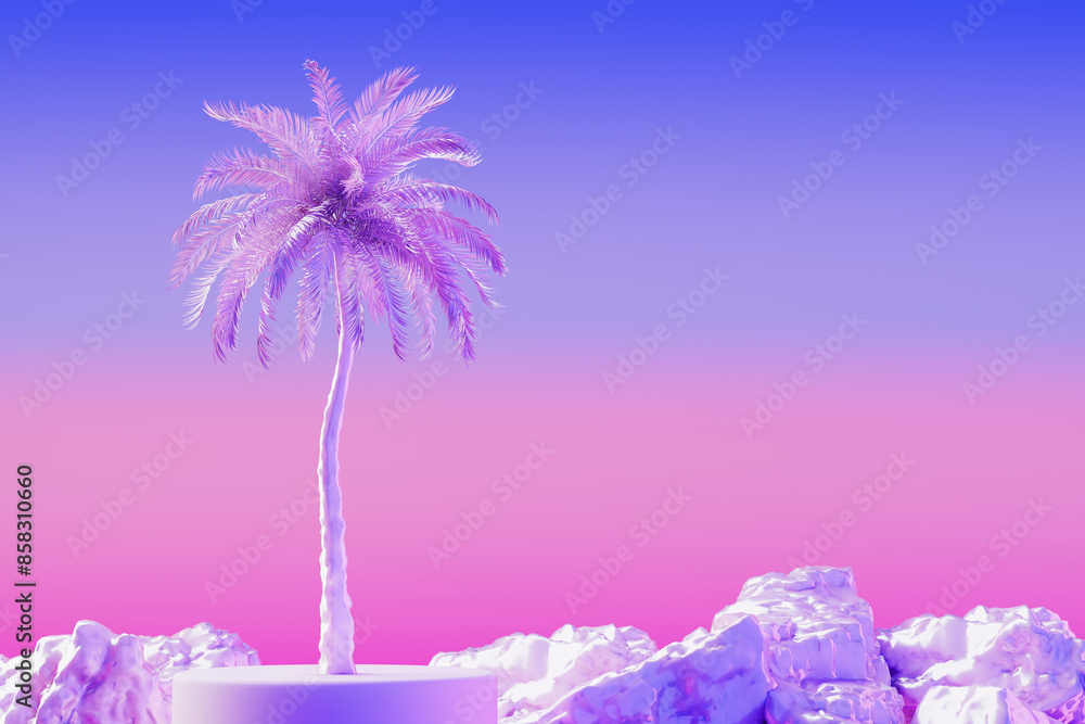 Poster abstract palm tree on a pedestal in neon light. 3d rendering