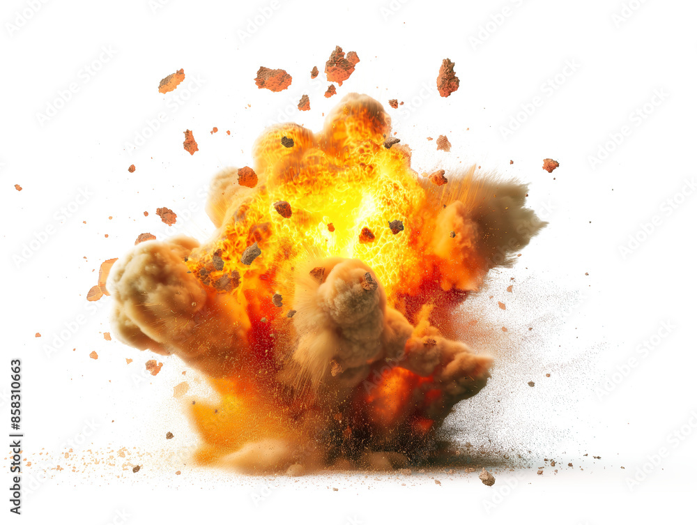 Poster a fiery explosion with debris isolated on a white background, embodying the concept of power and des