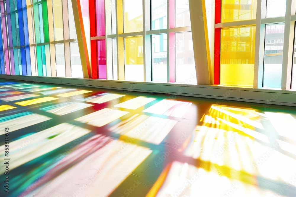 Poster a colorful room with a lot of windows and a lot of light. the light is coming through the windows an