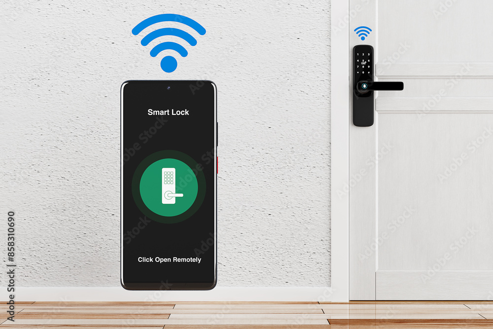 Fototapete inteligente biometric smart door lock with digital keypad controlled by mobile phone with door open 