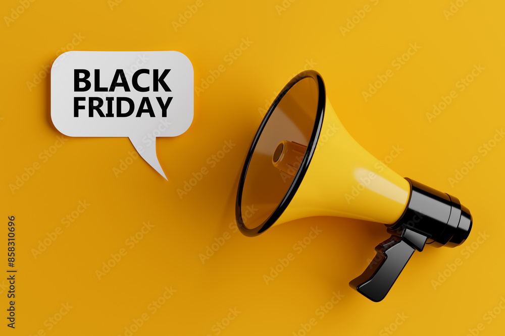 Poster yellow megaphone with black friday sign on a speech clouds chat bubble. 3d rendering