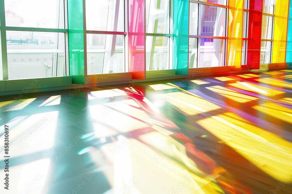 Aufkleber a room with colorful windows and a floor that is illuminated by the sun. the room has a bright and c