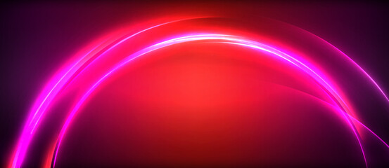 Neon glowing circle rays, light round lines in the dark, planet style neon wave lines. Energetic electric concept design for wallpaper, banner, background