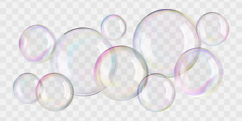 Water bubbles float in a transparent background. Soap suds ball with rainbow colors. Realistic clean and clear shampoo foam purified water. Bathroom beads, bath bomb, soapy fun, and laundry poster