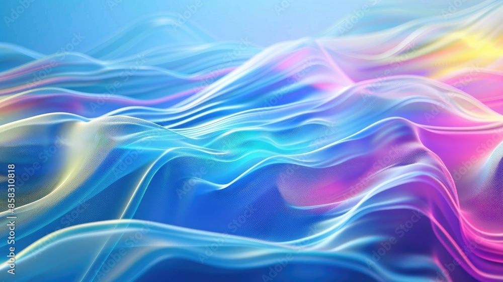 Poster futuristic 3d background with blue light waves and rainbow hues, blending to form a colorful and mod