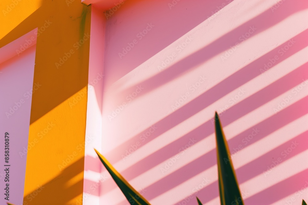 Poster a wall with a pink and orange color scheme and a plant with green leaves. the plant casts a shadow o
