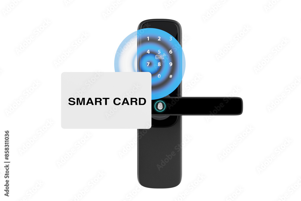 Poster inteligente biometric smart door lock with digital keypad and key smart card. 3d rendering