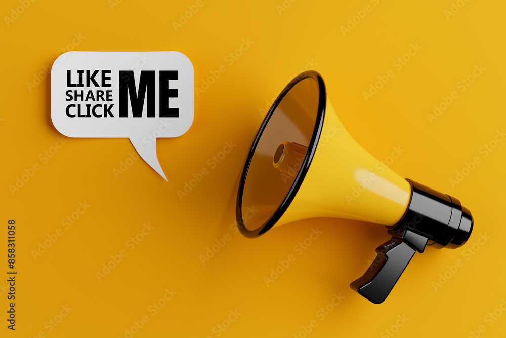 Aufkleber yellow megaphone with like, share, click me sign on a speech clouds chat bubble. 3d rendering