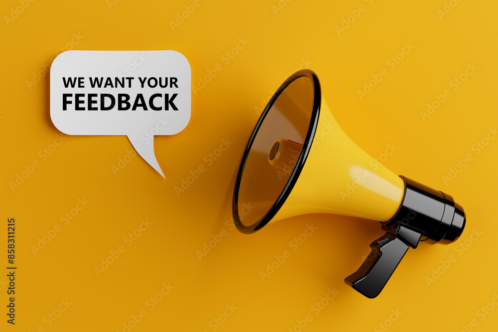 Aufkleber yellow megaphone with we want your feedback sign on a speech clouds chat bubble. 3d rendering