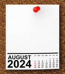 Calendar August 2024 on Blank Note Paper. 3d Rendering