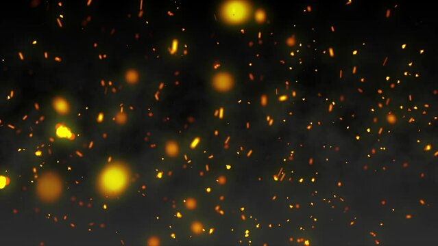 Flying fire particles sparks with smoke background. Fire embers particles black smoke background