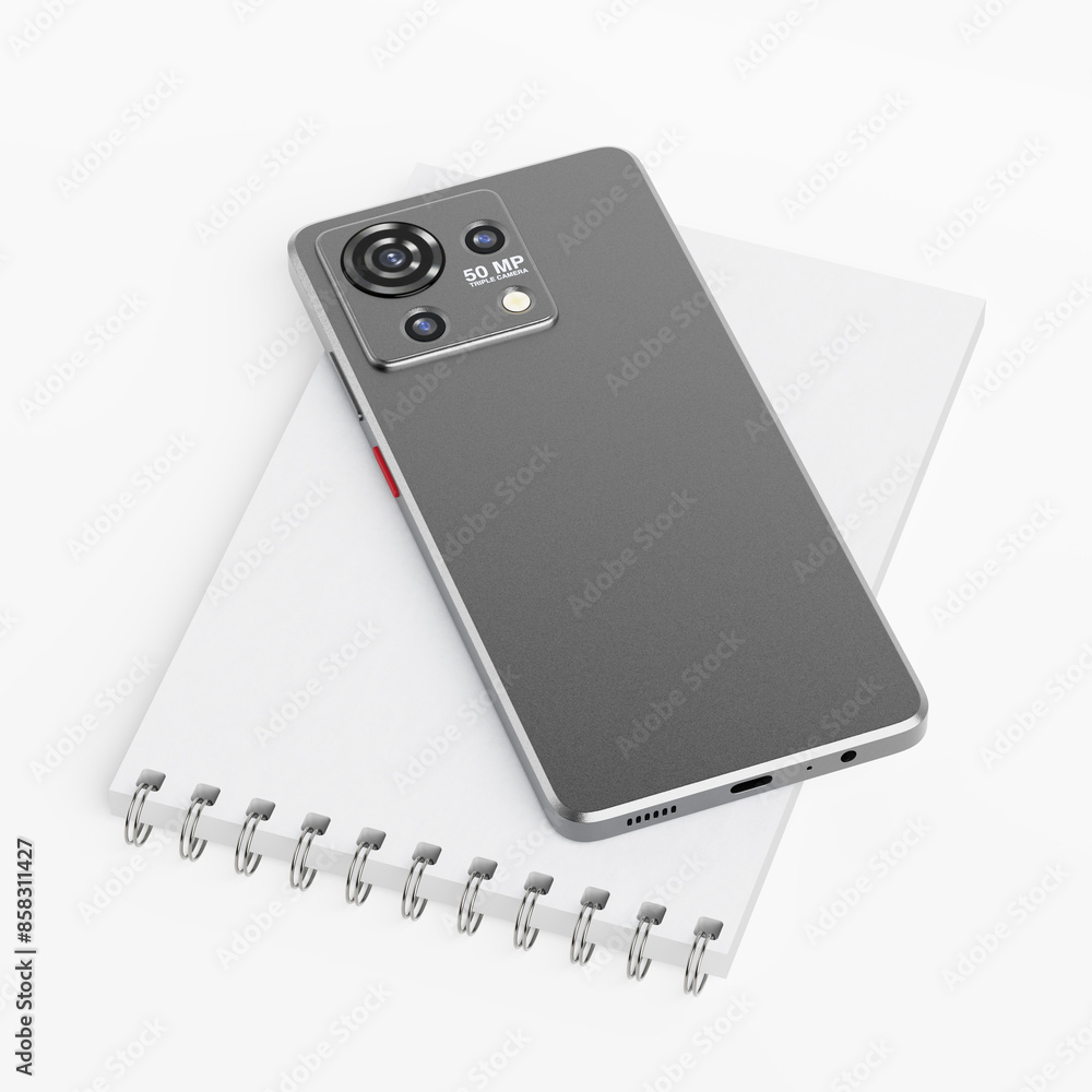 Aufkleber Mobile Phone with Triple Cameras over Blank Notepad. 3d Rendering