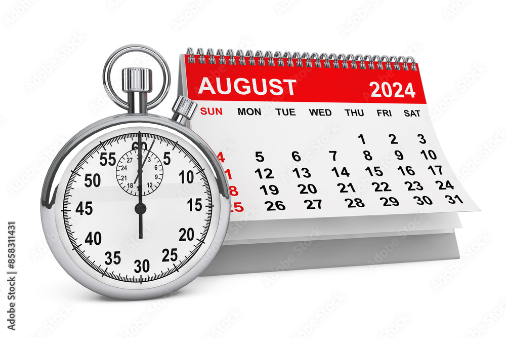 Aufkleber 2024 year august calendar with stopwatch. 3d rendering
