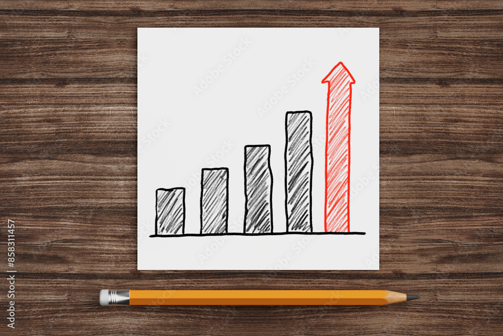 Poster growth graph bars paper with pencil on a desk. 3d rendering
