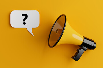 Yellow Megaphone with Question Mark on a Speech Clouds Chat Bubble. 3d Rendering