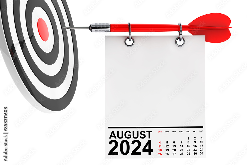 Aufkleber calendar august 2024 on blank note paper with free space for your design. 3d rendering