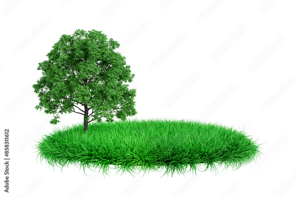 Poster big green tree on a green grass podium stage. 3d rendering