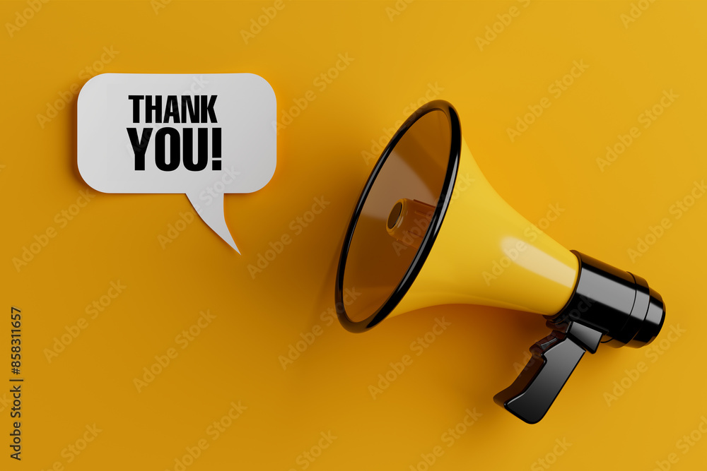 Aufkleber Yellow Megaphone with Thank You Speech Clouds Chat Bubble. 3d Rendering