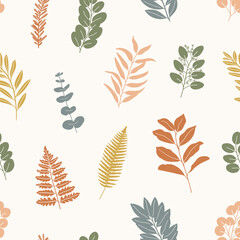 Seamless pattern of silhouette willow, spiral, seeded eucalyptus, magnolia, bay, fern, rosemary, olive leaves. Bright earth warm palette. Hand drawn vector illustration