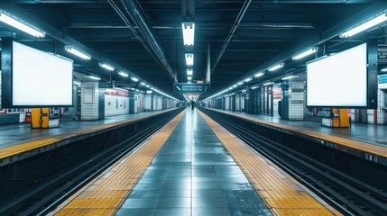 A perspective shot from the subway tracks looking towards the platform, showcasing two blank billboards as focal points amidst the station's activity , 