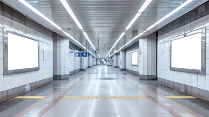 An empty subway station corridor with two blank billboards on the walls, providing a clean and open space for potential advertisements ,