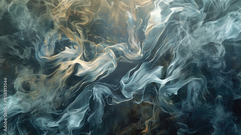 Poster dynamic smoky patterns on an abstract background, creating a moody and ethereal atmosphere.