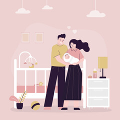 Young parents with newborn baby. Kids bedroom with bed, shelving, and toys. Child room, nursery interior. Family portrait, love couple holds infant baby.