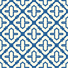 Seamless surface design with arabic ornament. Oriental traditional pattern with repeated mosaic tile. Tracery window wallpaper. Crosses motif. Arabesque digital paper, textile print. Vector art