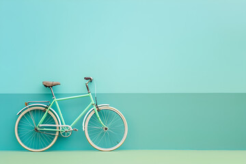 Mint green bicycle against pastel blue background with copy space