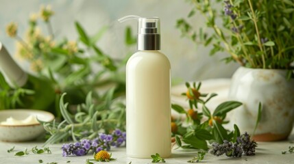 A white bottle of herbal body wash with a pump dispenser sits in front of a variety of fresh flowers.