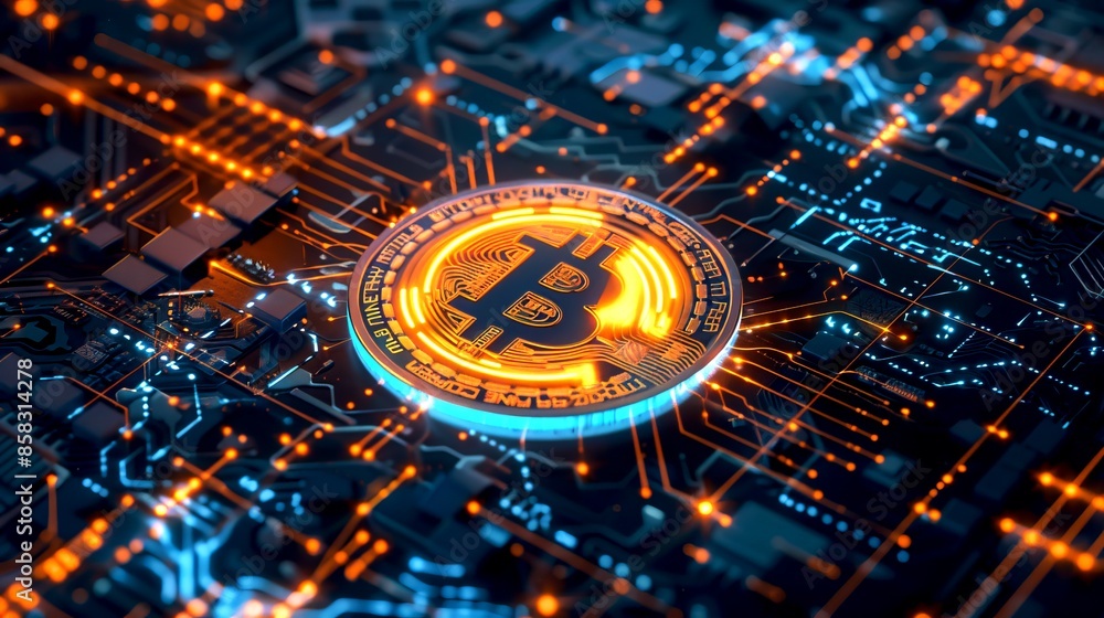 Poster digital bitcoin on a circuit board. conceptual blockchain and cryptocurrency technology image. high-