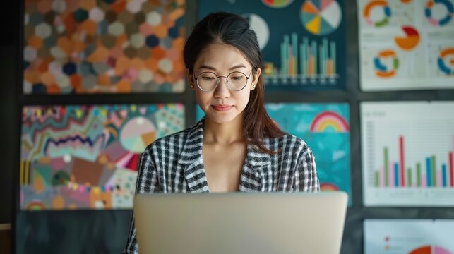 An Asian woman using her laptop to analyze social media metrics, with various marketing tools and apps open on her screen, set against a vibrant office backdrop  - Powered by Adobe